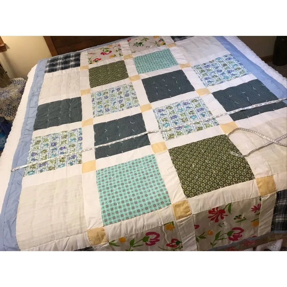 Handmade Patchwork Feed-sack Quilt 92x66 White blue multi‎ colors sewed & tacked